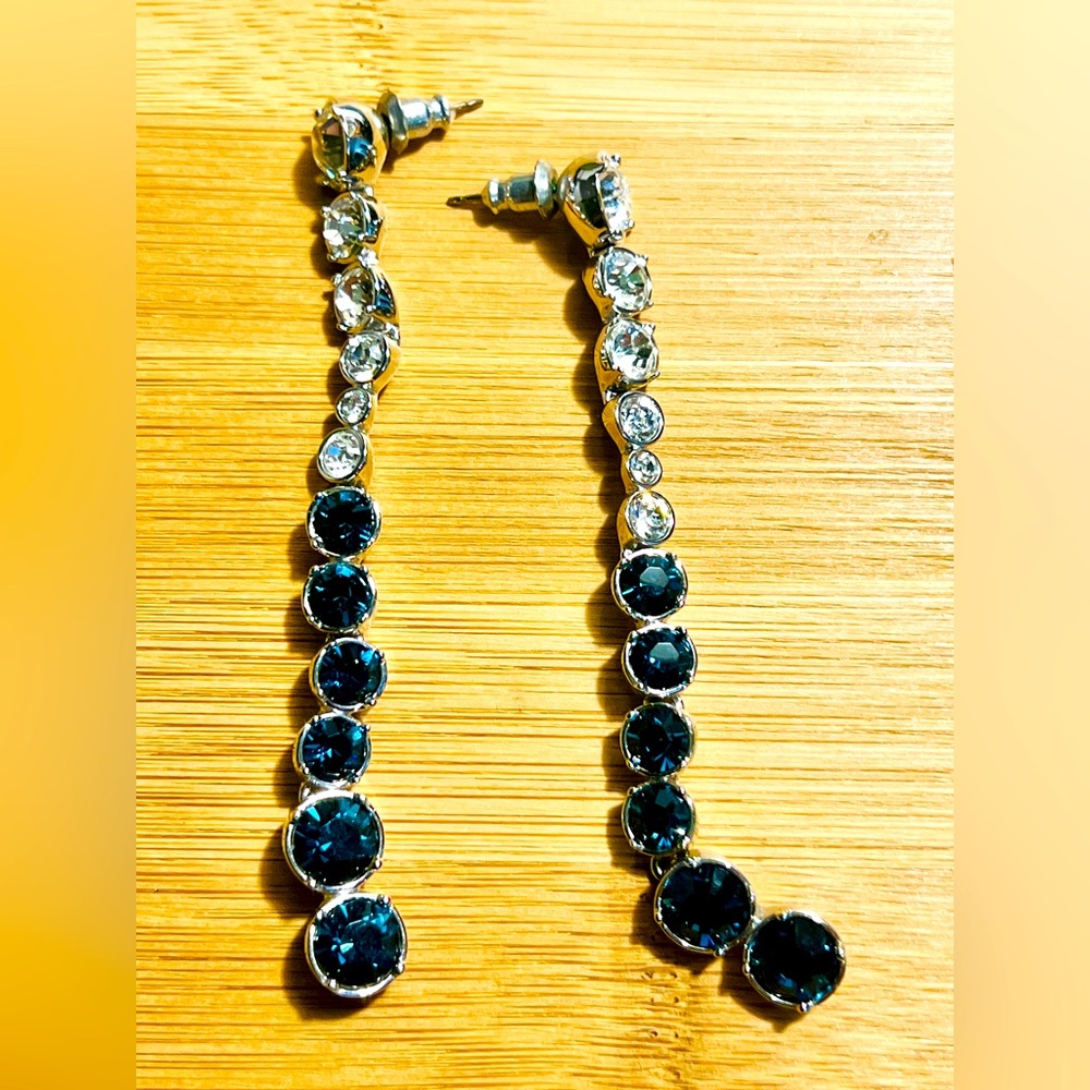 Genuine Heavyweight Swarovski Long Silver & Blue Drop Earrings Crystals Pierced